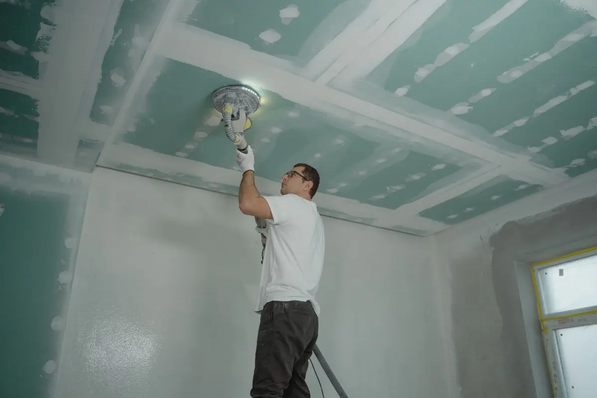 A worker reaching overhead to smooth a ceiling before it is coated