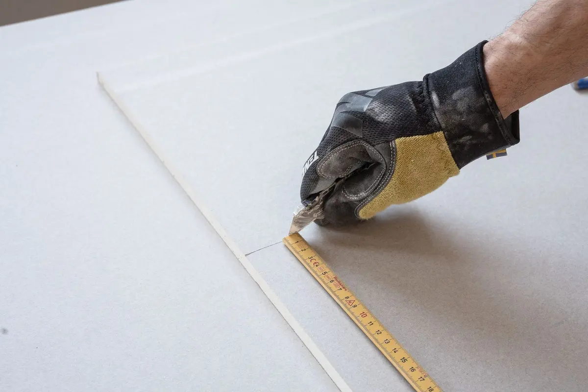 A gloved hand scoring a sheet of drywall against a metal straightedge