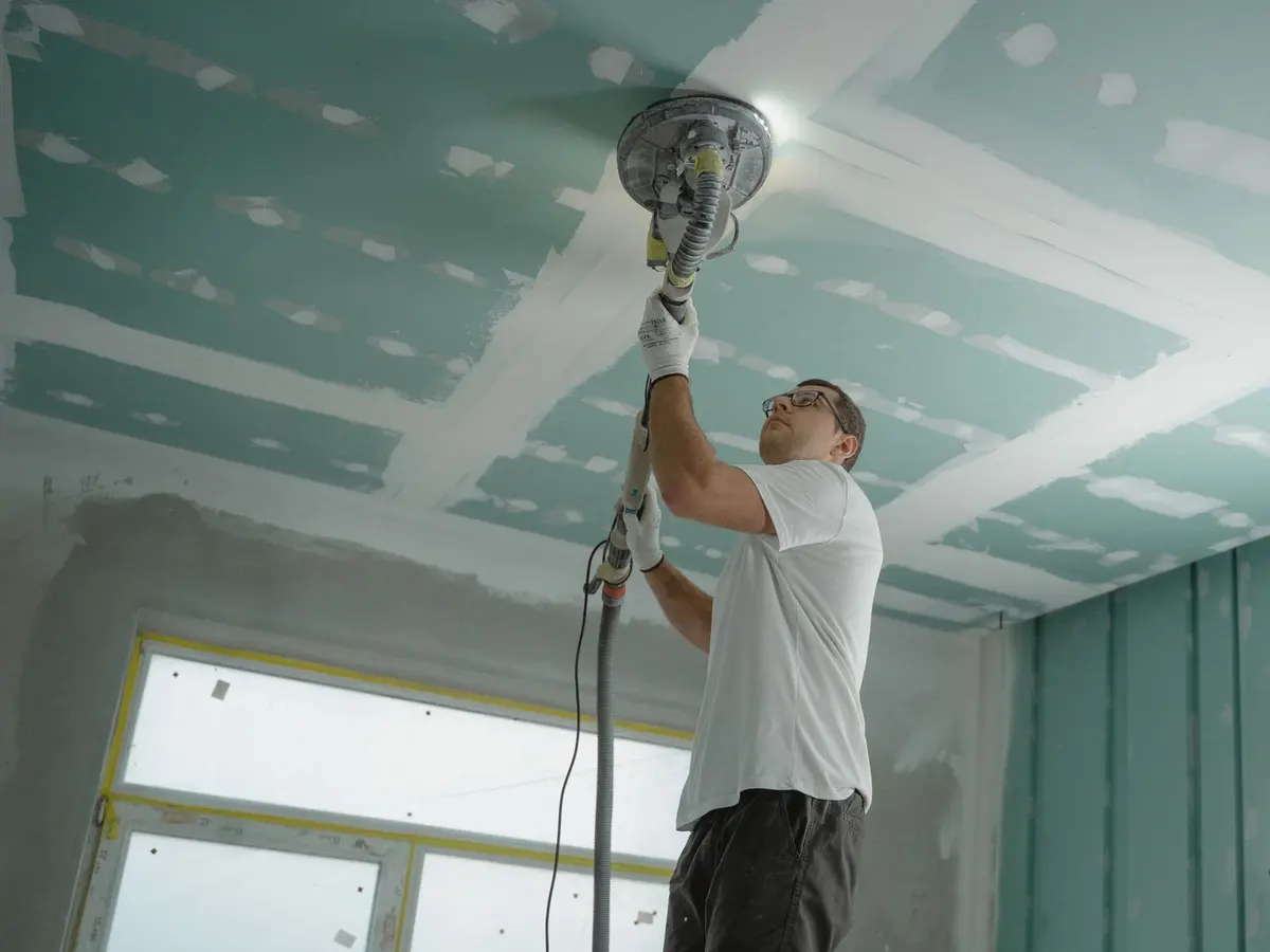 A worker running a pole sander across a ceiling